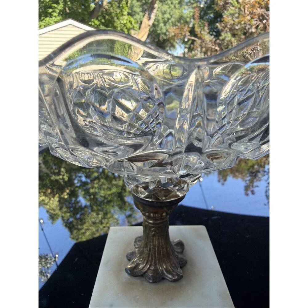 Vintage Crystal Glass Pedestal Compote Bowl with Italian Marble & Ornate...